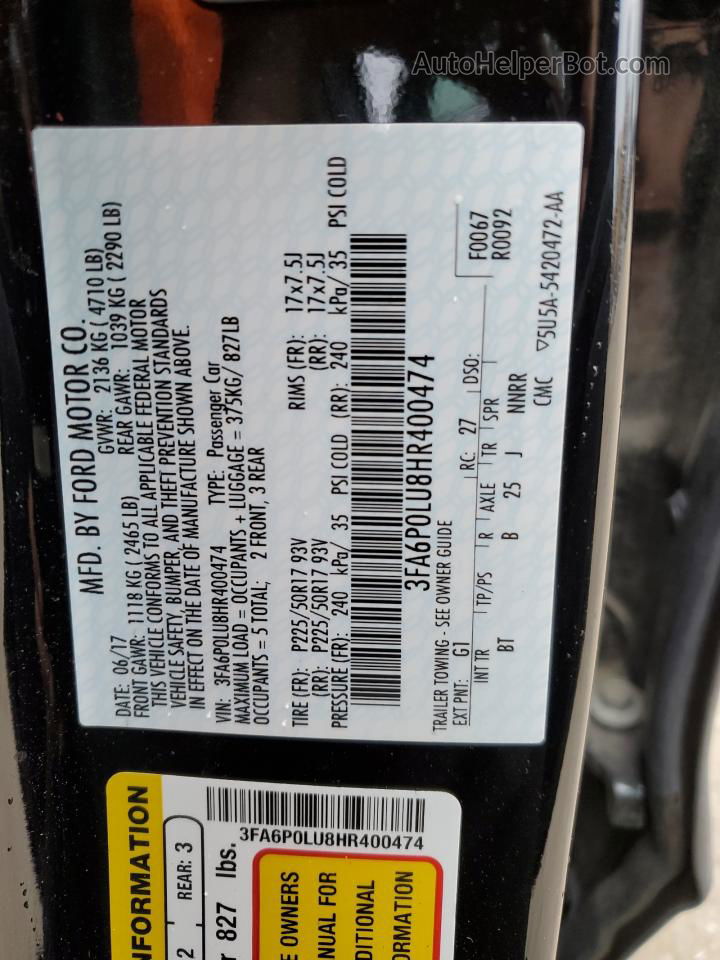 2017 Ford Fusion Se Hybrid Black vin: 3FA6P0LU8HR400474