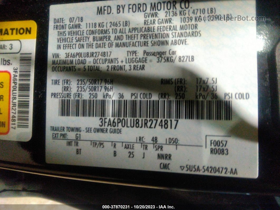 2018 Ford Fusion Hybrid Se Черный vin: 3FA6P0LU8JR274817