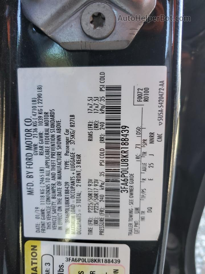 2019 Ford Fusion Se Black vin: 3FA6P0LU8KR188439