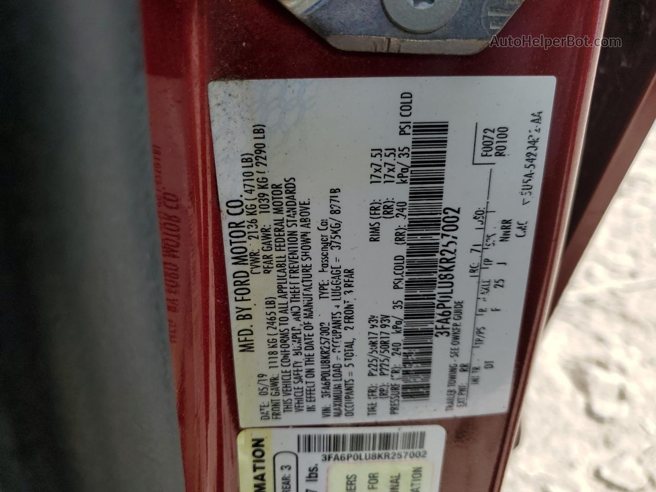 2019 Ford Fusion Se Red vin: 3FA6P0LU8KR257002