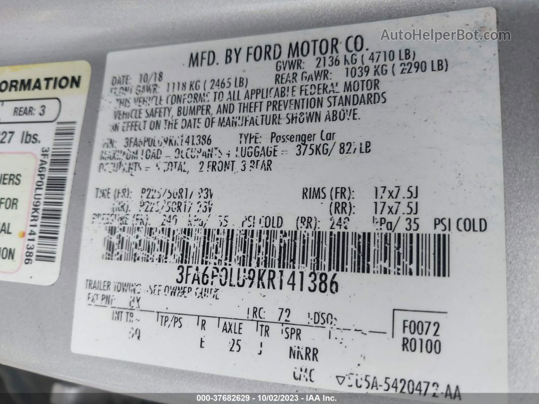 2019 Ford Fusion Hybrid Se Silver vin: 3FA6P0LU9KR141386