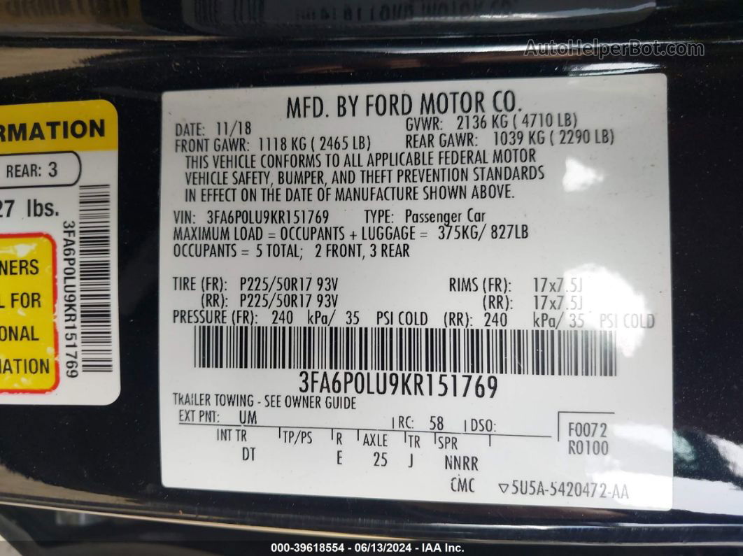 2019 Ford Fusion Hybrid Se Black vin: 3FA6P0LU9KR151769