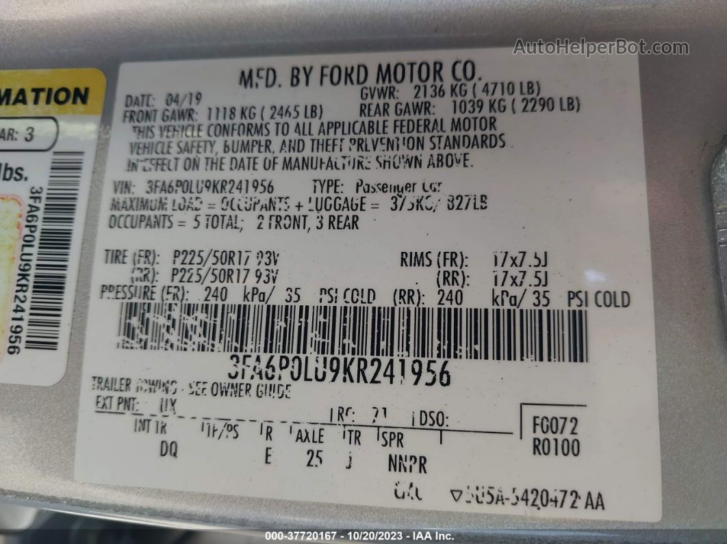 2019 Ford Fusion Hybrid Se Silver vin: 3FA6P0LU9KR241956