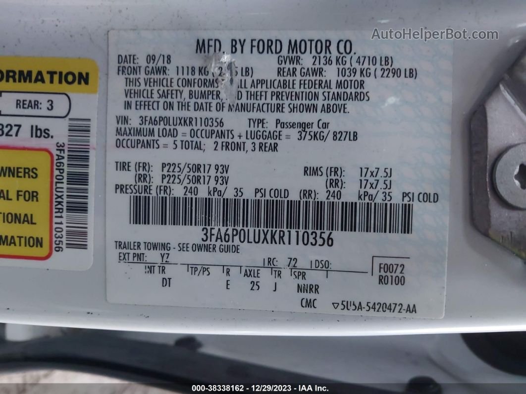 2019 Ford Fusion Hybrid Se White vin: 3FA6P0LUXKR110356