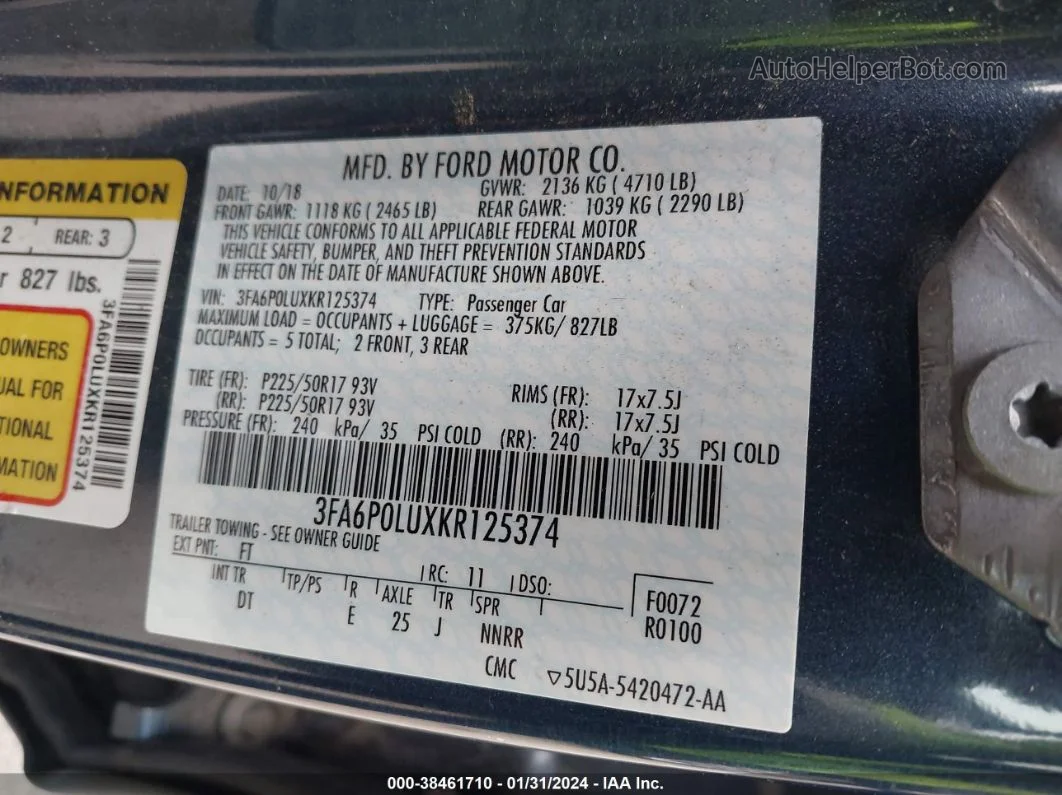 2019 Ford Fusion Hybrid Se Blue vin: 3FA6P0LUXKR125374