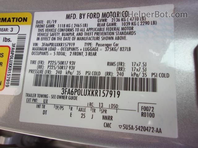 2019 Ford Fusion Hybrid Se Silver vin: 3FA6P0LUXKR157919