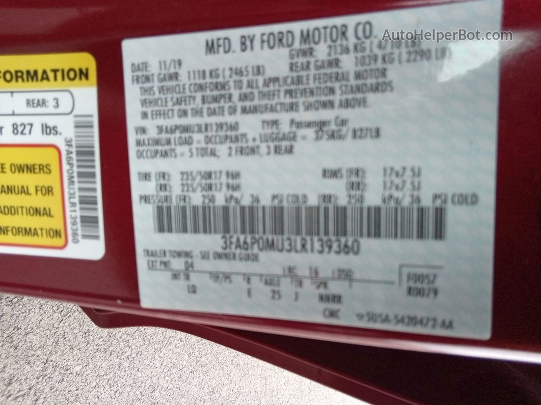 2020 Ford Fusion Hybrid Sel vin: 3FA6P0MU3LR139360