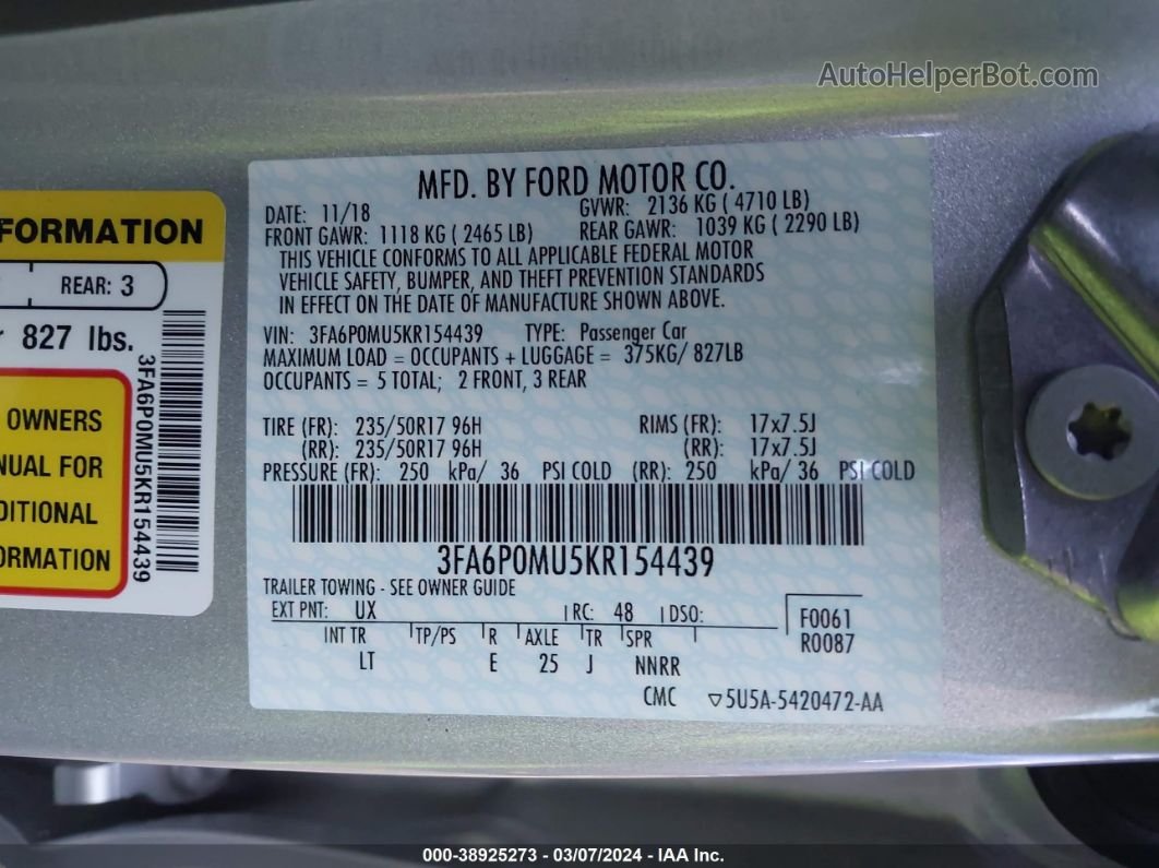 2019 Ford Fusion Hybrid Sel Silver vin: 3FA6P0MU5KR154439