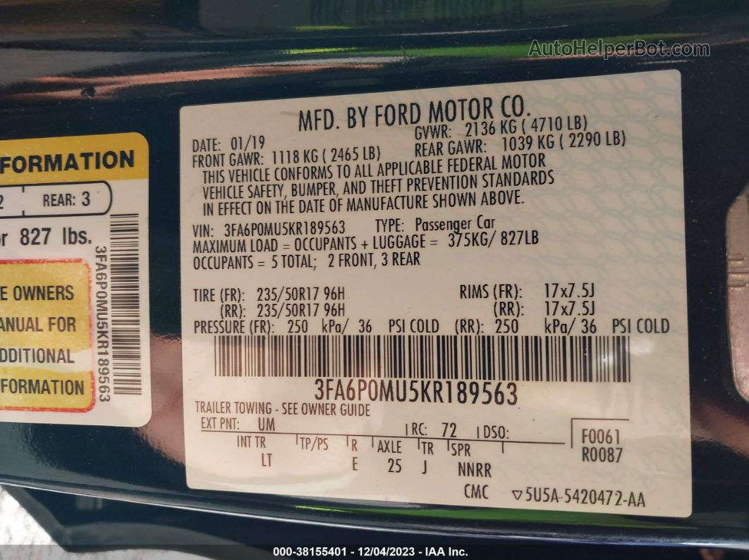 2019 Ford Fusion Hybrid Sel Black vin: 3FA6P0MU5KR189563