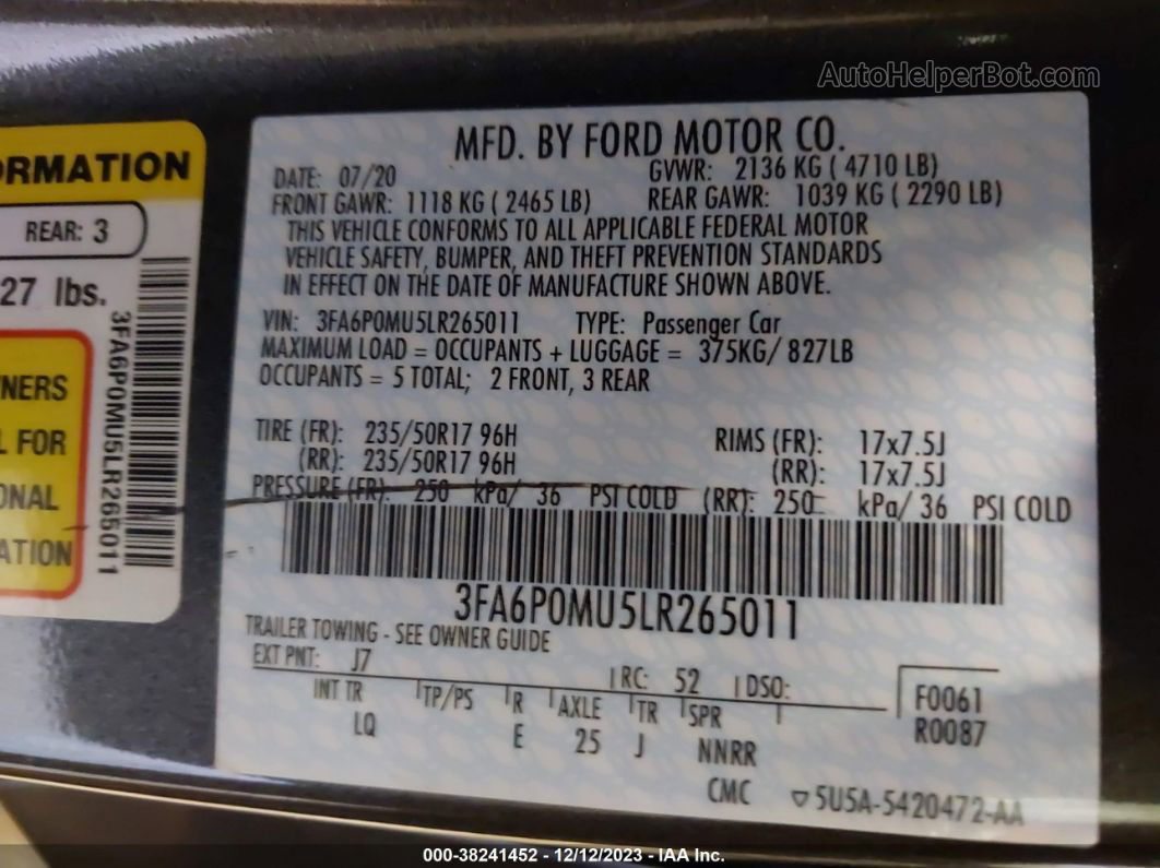 2020 Ford Fusion Hybrid Sel Black vin: 3FA6P0MU5LR265011