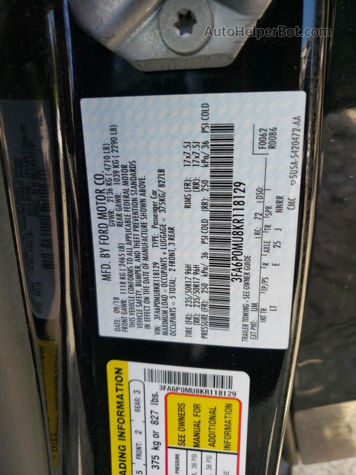 2019 Ford Fusion Sel Black vin: 3FA6P0MU8KR118129