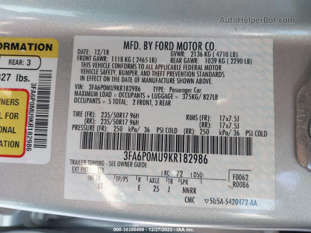 2019 Ford Fusion Hybrid Sel Silver vin: 3FA6P0MU9KR182986