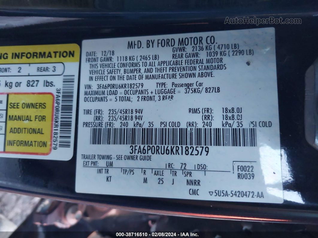 2019 Ford Fusion Hybrid Titanium Black vin: 3FA6P0RU6KR182579