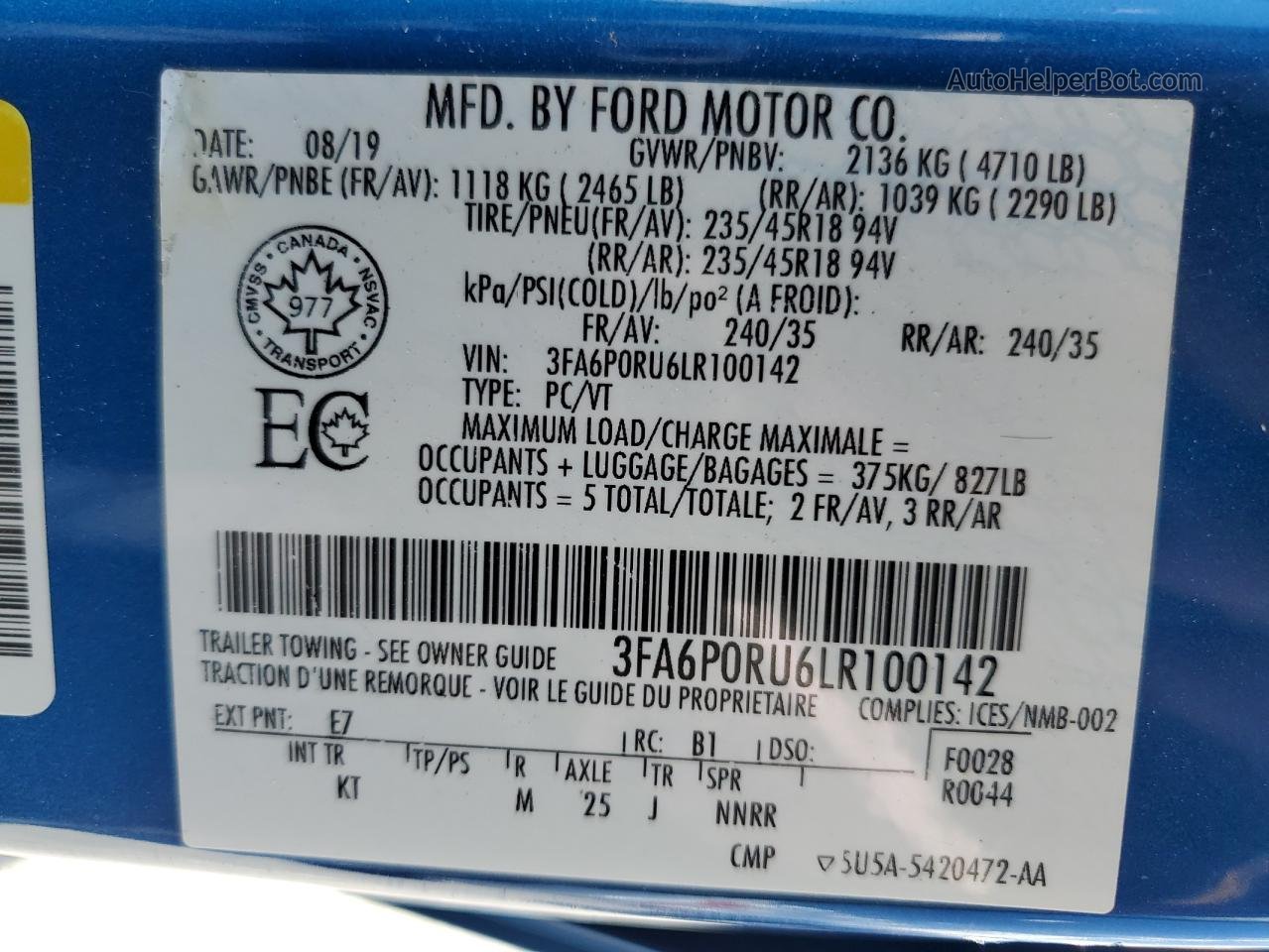 2020 Ford Fusion Titanium Blue vin: 3FA6P0RU6LR100142