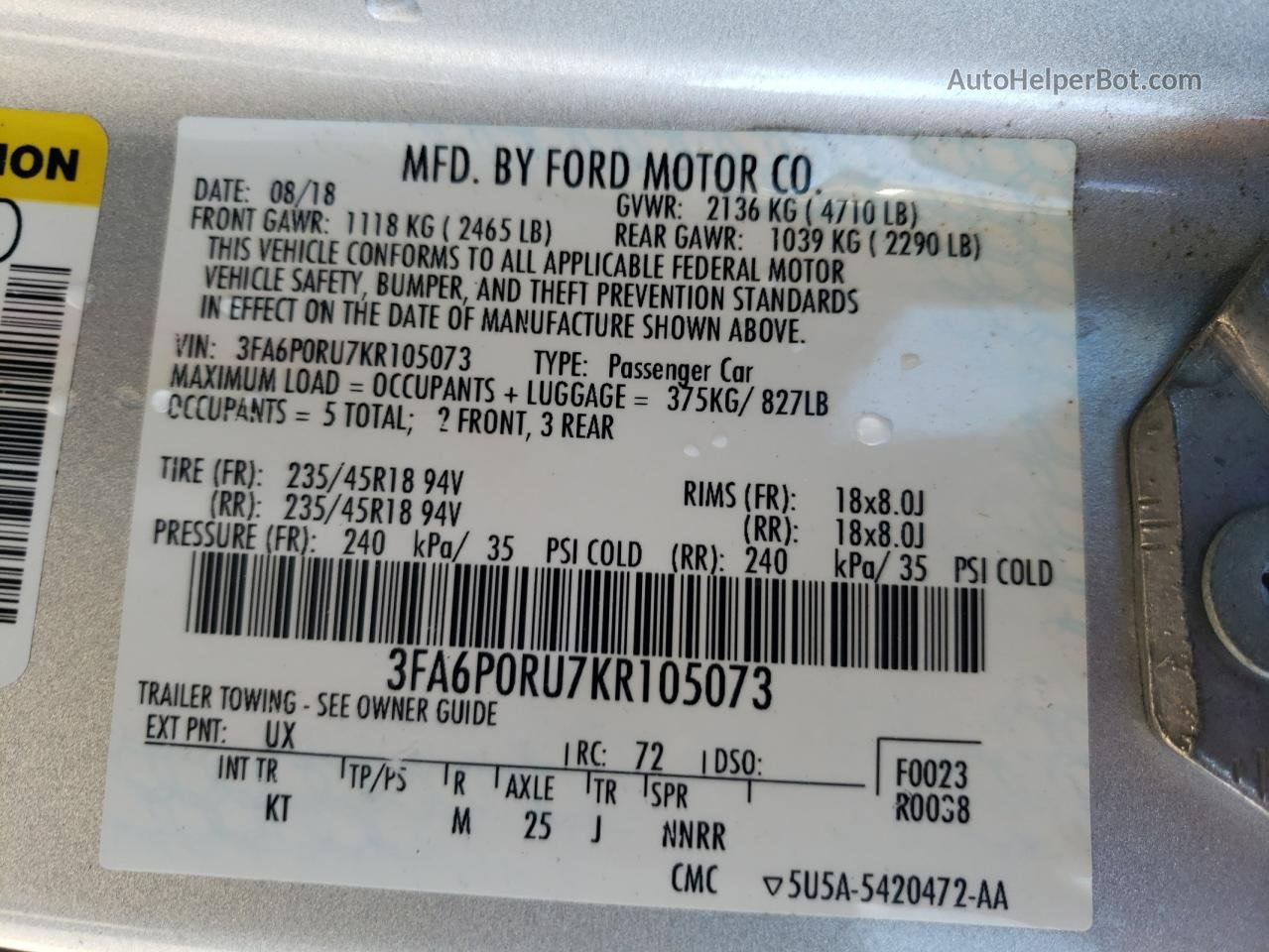 2019 Ford Fusion Titanium Серебряный vin: 3FA6P0RU7KR105073