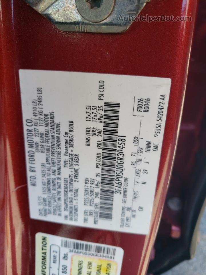 2016 Ford Fusion Titanium Phev Red vin: 3FA6P0SU0GR304581