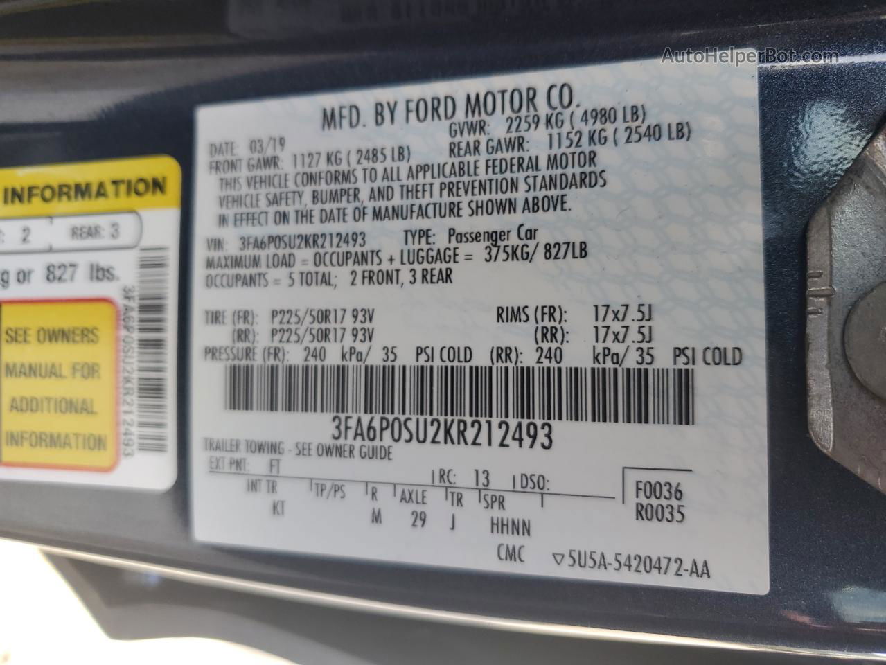 2019 Ford Fusion Titanium Синий vin: 3FA6P0SU2KR212493