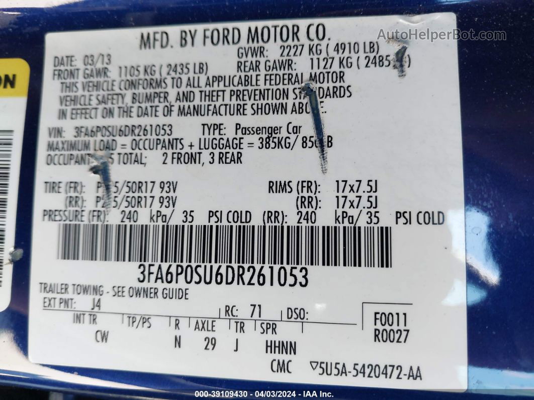 2013 Ford Fusion Titanium Phev Blue vin: 3FA6P0SU6DR261053