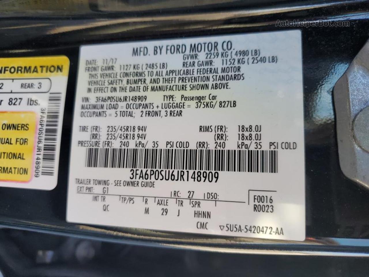 2018 Ford Fusion Titanium/platinum Phev Черный vin: 3FA6P0SU6JR148909
