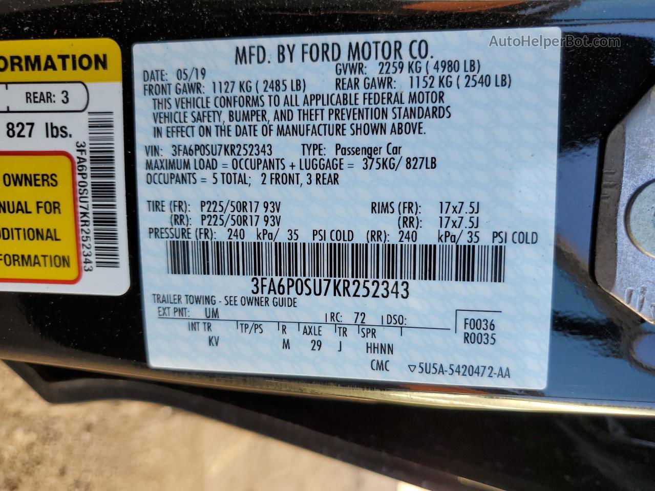 2019 Ford Fusion Titanium Черный vin: 3FA6P0SU7KR252343