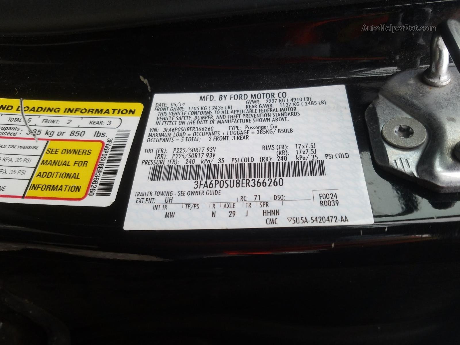 2014 Ford Fusion Titanium Phev Черный vin: 3FA6P0SU8ER366260