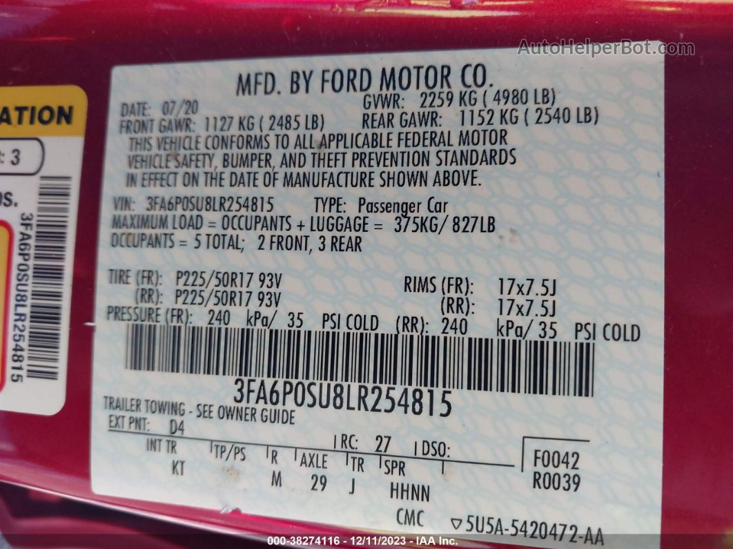 2020 Ford Fusion Titanium Red vin: 3FA6P0SU8LR254815