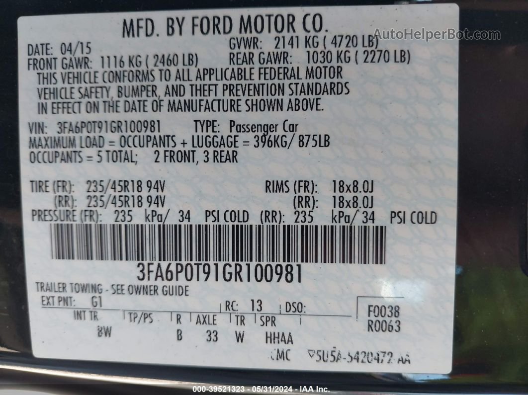2016 Ford Fusion Se Черный vin: 3FA6P0T91GR100981
