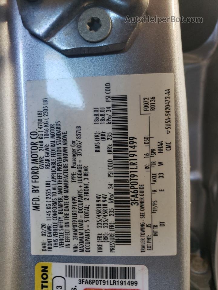 2020 Ford Fusion Se Silver vin: 3FA6P0T91LR191499