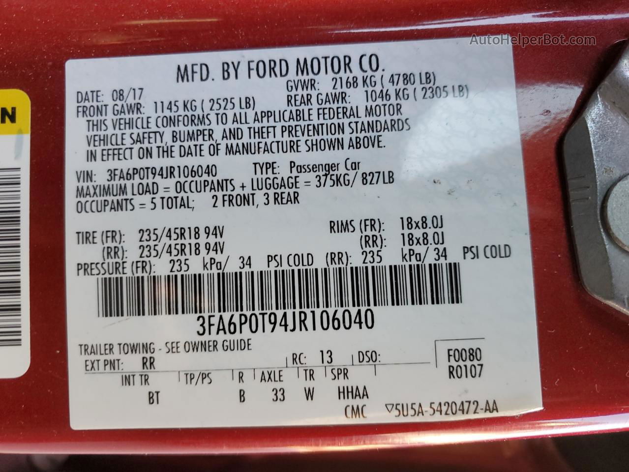 2018 Ford Fusion Se Красный vin: 3FA6P0T94JR106040