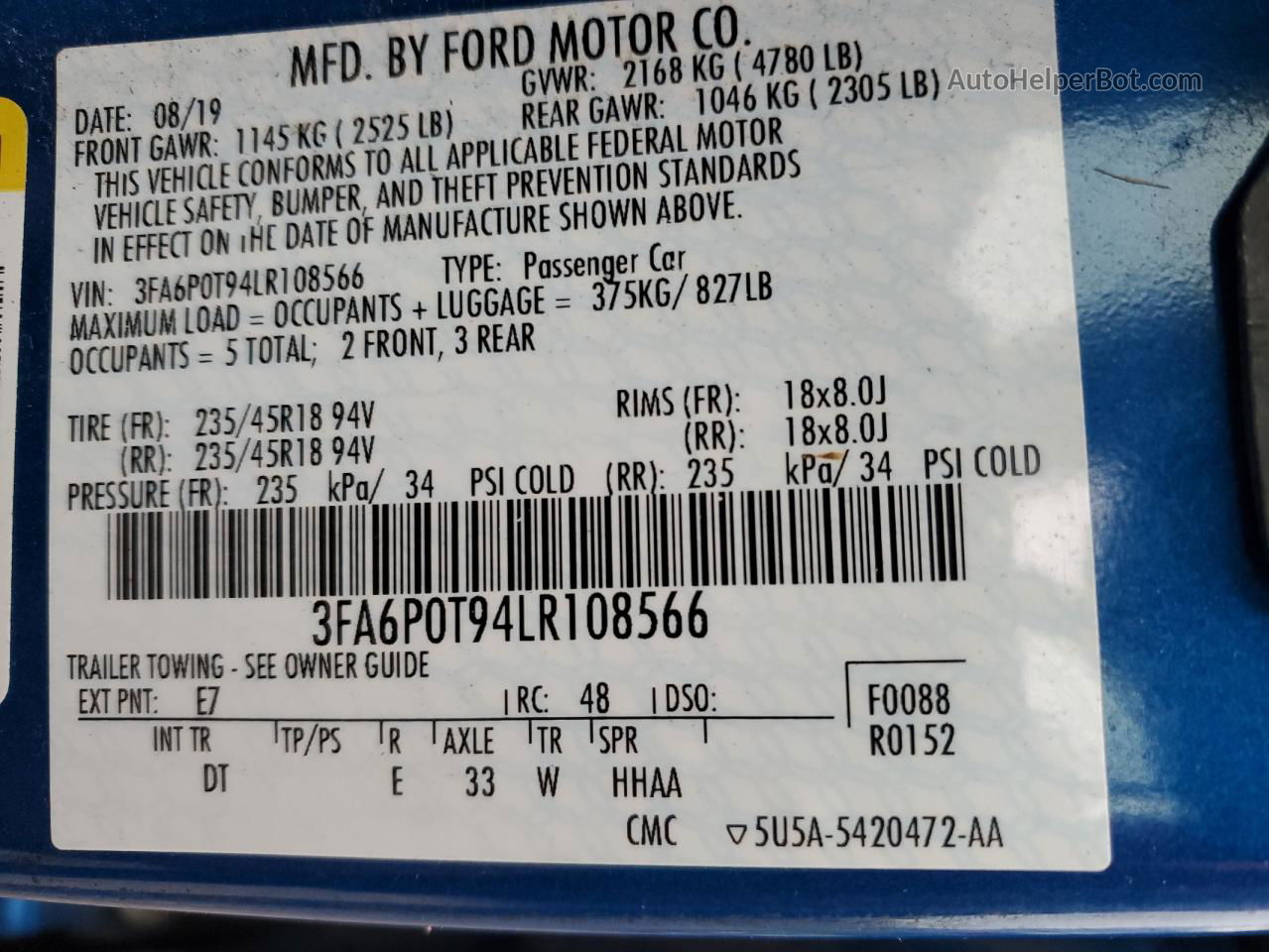 2020 Ford Fusion Se Синий vin: 3FA6P0T94LR108566