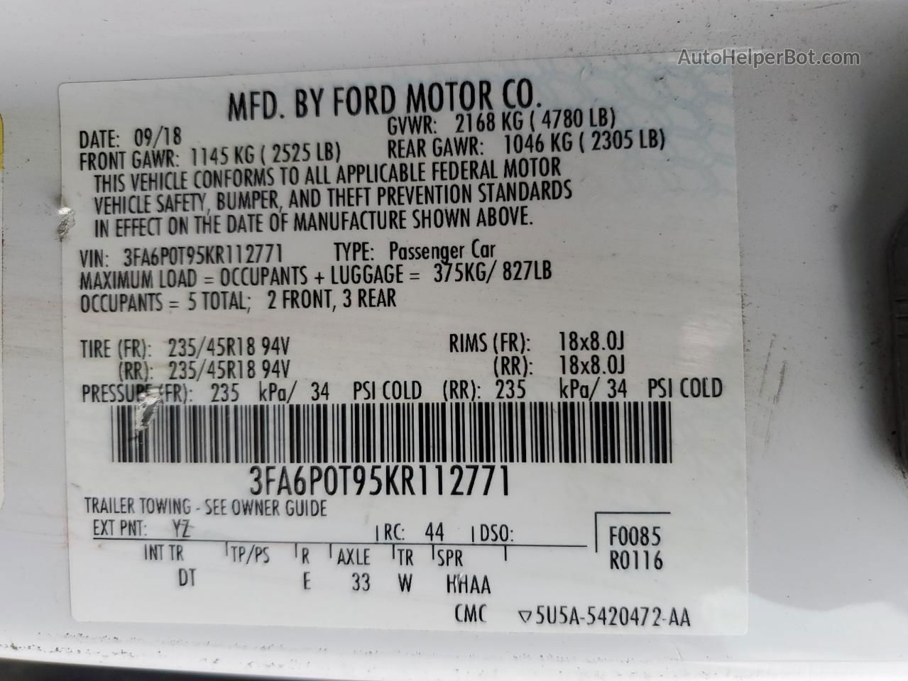 2019 Ford Fusion Se White vin: 3FA6P0T95KR112771