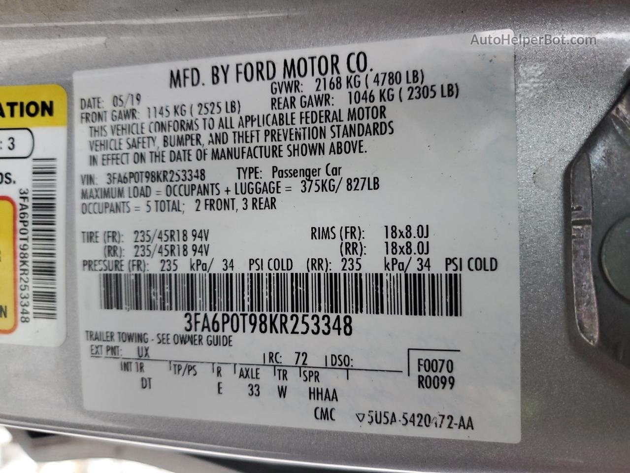 2019 Ford Fusion Se Silver vin: 3FA6P0T98KR253348