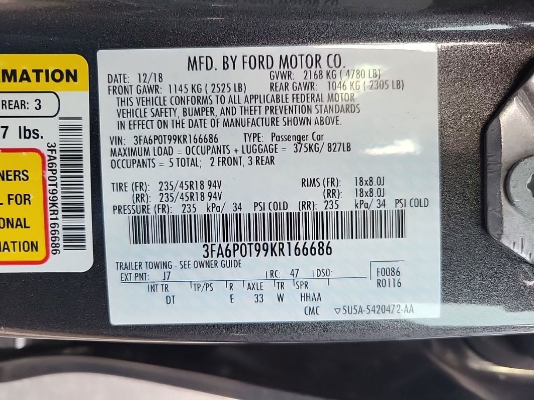 2019 Ford Fusion Se Unknown vin: 3FA6P0T99KR166686