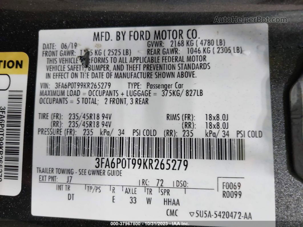 2019 Ford Fusion Se Gray vin: 3FA6P0T99KR265279