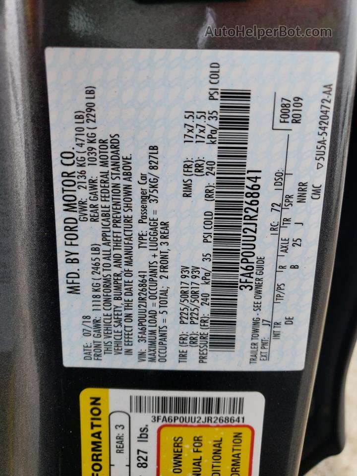 2018 Ford Fusion S Hybrid Серый vin: 3FA6P0UU2JR268641