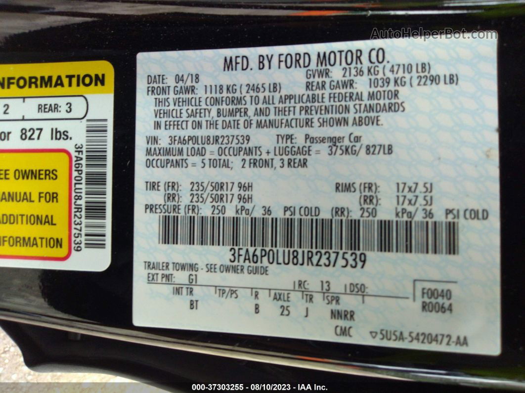 2018 Ford Fusion Hybrid Se Black vin: 3FA6P0LU8JR237539
