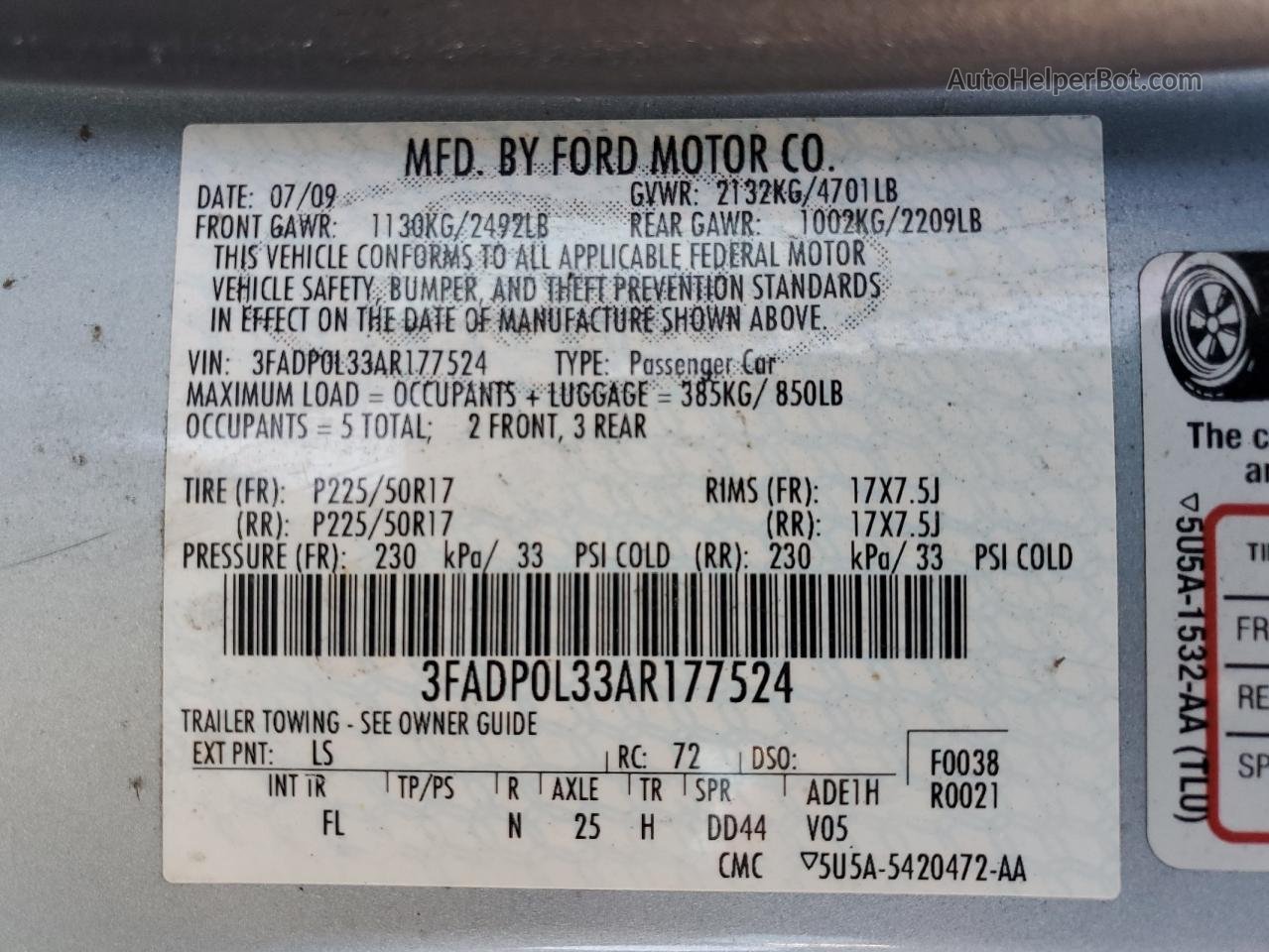 2010 Ford Fusion Hybrid Blue vin: 3FADP0L33AR177524