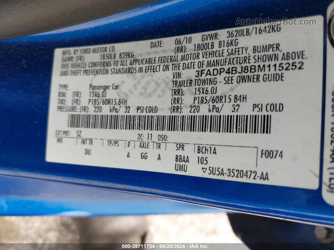 2011 Ford Fiesta Se Blue vin: 3FADP4BJ8BM115252