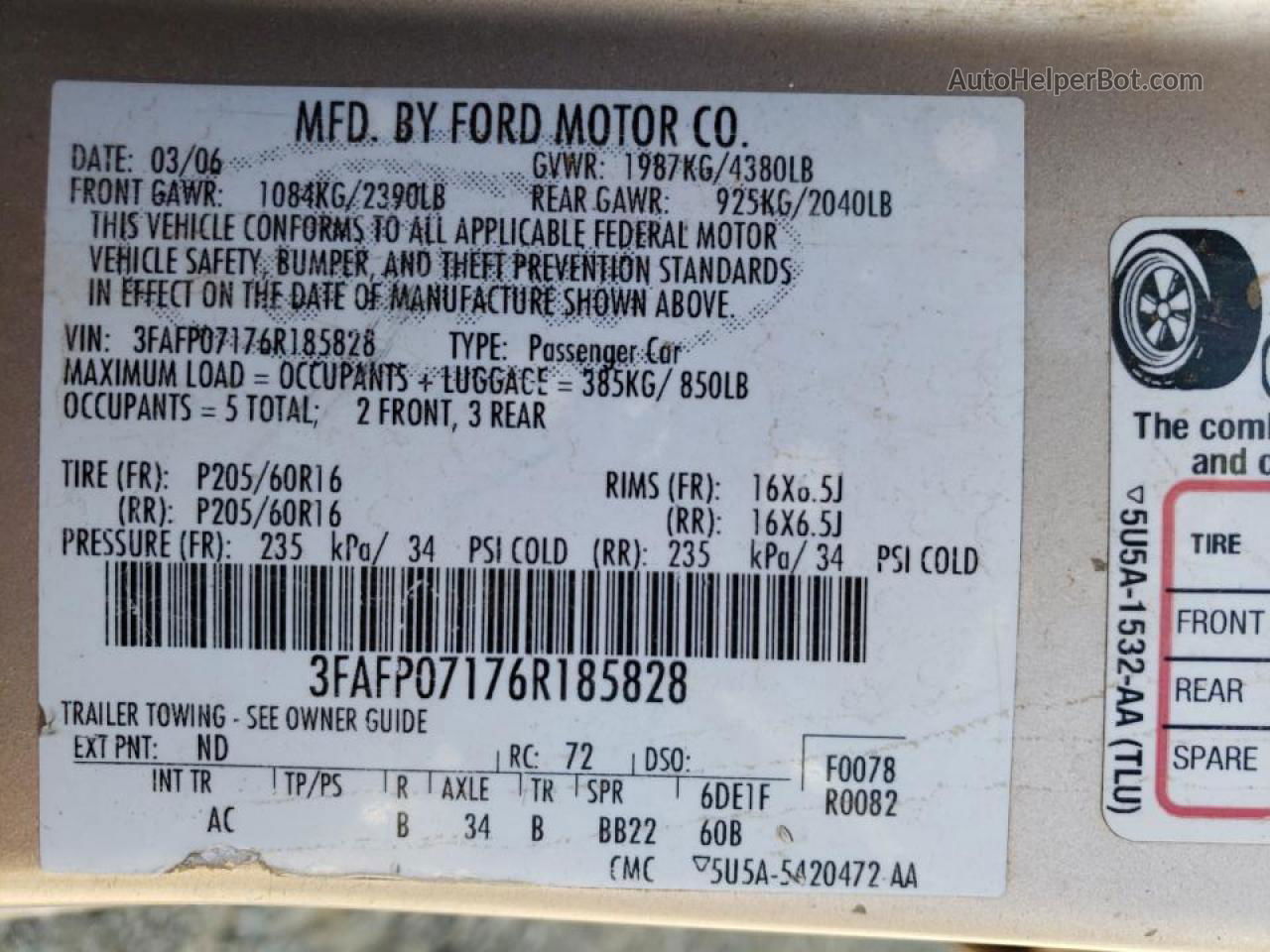 2006 Ford Fusion Se Tan vin: 3FAFP07176R185828