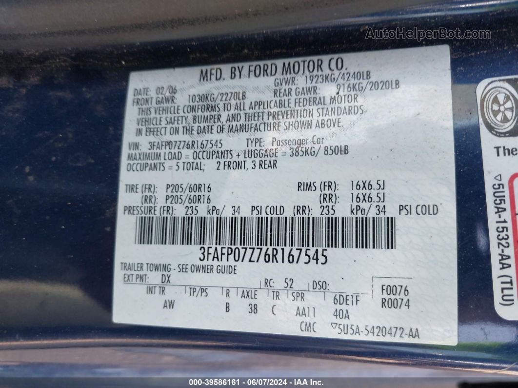 2006 Ford Fusion Se Blue vin: 3FAFP07Z76R167545