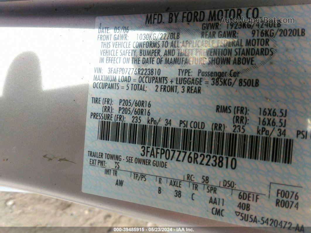 2006 Ford Fusion Se Silver vin: 3FAFP07Z76R223810