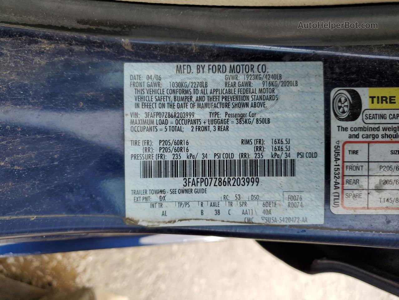 2006 Ford Fusion Se Blue vin: 3FAFP07Z86R203999