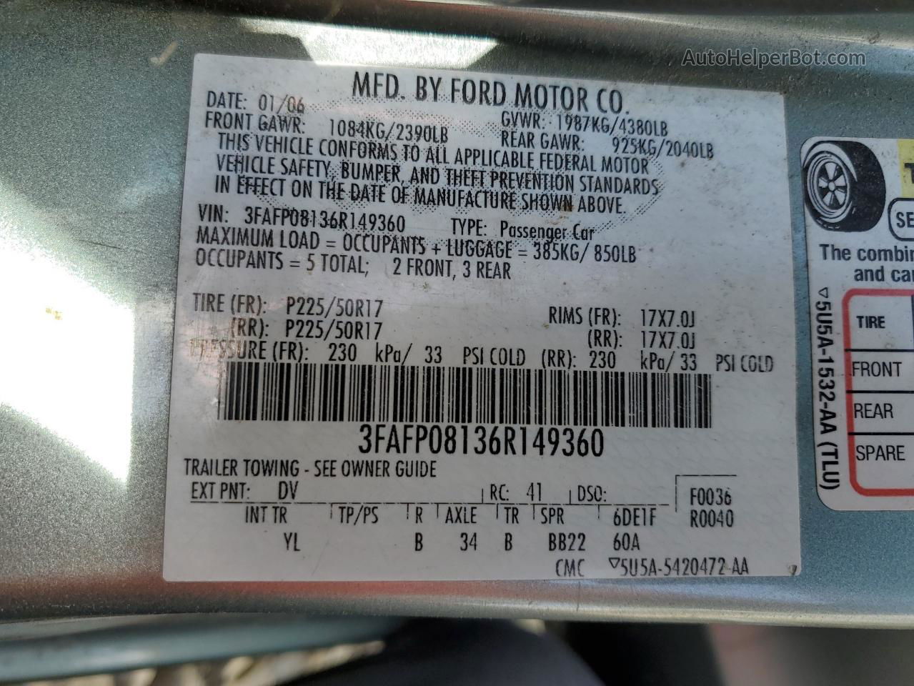 2006 Ford Fusion Sel Teal vin: 3FAFP08136R149360