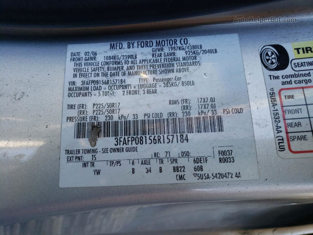 2006 Ford Fusion Sel Silver vin: 3FAFP08156R157184