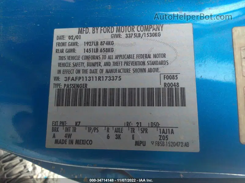 Price & History 2001 Ford Escort Zx2 2.0l Dohc Smpi 16-valve I4