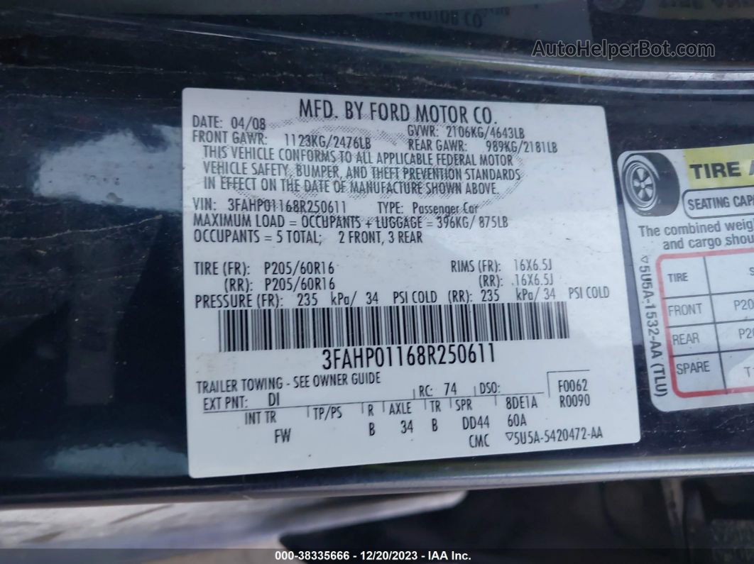 2008 Ford Fusion Se Blue vin: 3FAHP01168R250611