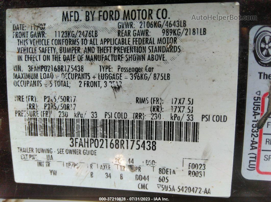 2008 Ford Fusion Sel Black vin: 3FAHP02168R175438