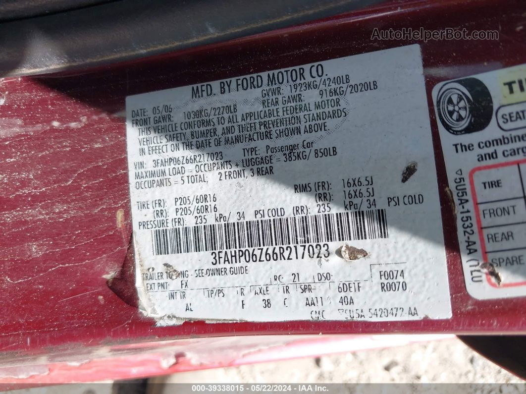 2006 Ford Fusion S Burgundy vin: 3FAHP06Z66R217023