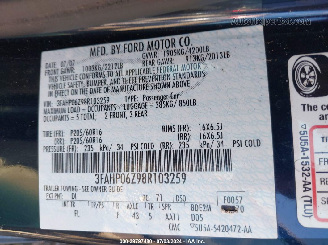 2008 Ford Fusion S Blue vin: 3FAHP06Z98R103259