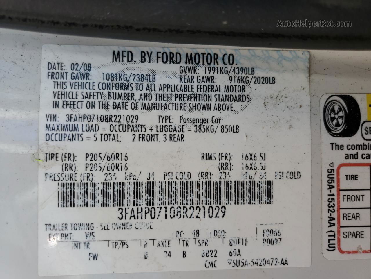 2008 Ford Fusion Se White vin: 3FAHP07108R221029